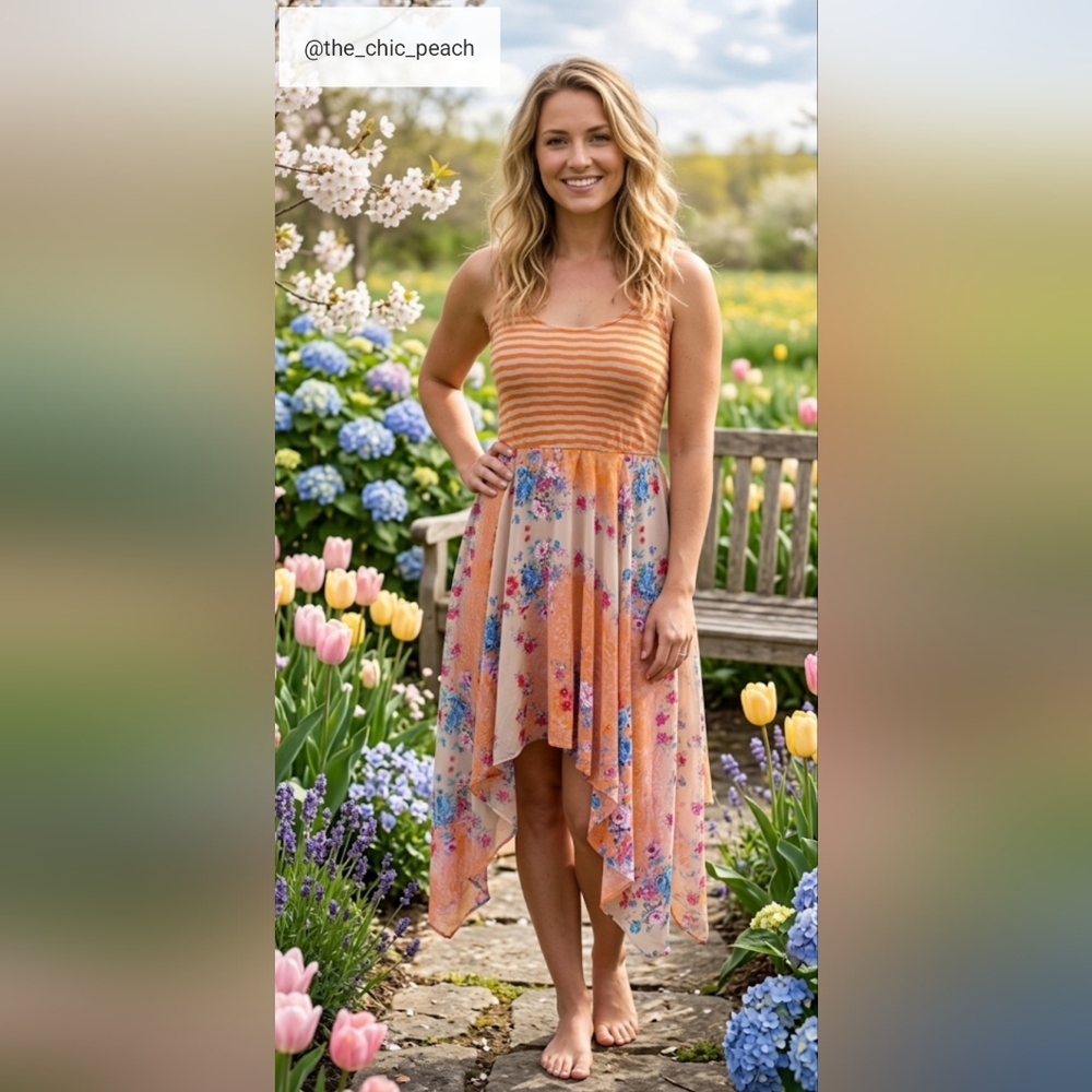 Fire Los Angeles Striped & Floral Orange High-Low Sundress